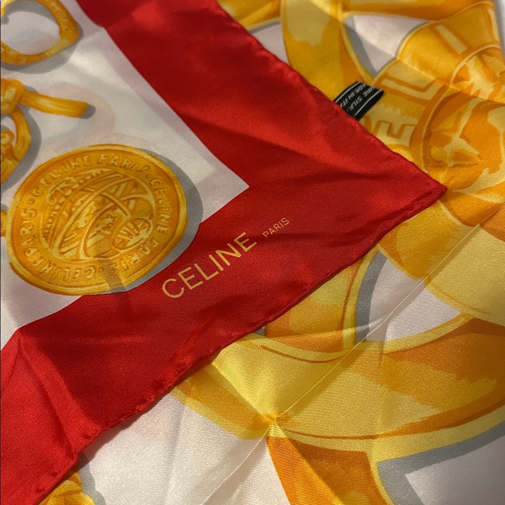 Vintage Celine Red and Gold Chain Motif Scarf Authentic 70cm Excellent like new